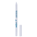 A imagem mostra um lápis delineador para olho na cor branca. Ele possui um design todo branco com a marca e as informações descritas em tom azul. Ao lado do lápis está a tampa branca completando a composição.