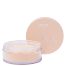 A imagem mostra um pó facial Catharine Hill. A embalagem é redonda de plástico transparente com tampa rosada. A tampa apresenta o logotipo da marca e o nome do produto "Angel Powder" em letras cursivas brancas sobre fundo rosado claro.