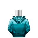 Perfume em frasco de vidro verde translúcido com formato de moletom. A tampa é prateada com o logotipo "United Colors of Benetton" gravado.