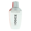 A imagem mostra um perfume da linha Reversd de Boss. A embalagem é um frasco branco opaco com detalhes em preto. O rótulo exibe "HUGO" em letras pretas maiúsculas, com "Reversed" acima.