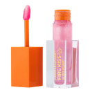 Gloss labial efeito plump, embalagem transparente com tampa e aplicador laranja. O produto está destampado, com a tampa ao lado.