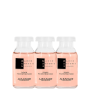 Três frascos de ampolas com líquido rosa claro dentro. Os frascos têm tampas brancas e rótulos pretos com o texto "POWER RECONSTRUCTION" em letras maiúsculas brancas.