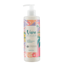 A imagem mostra a embalagem plástica branca com bomba dosadora. O rótulo da loção hidratante possui um fundo multicolorido em tons vibrantes de rosa, laranja, verde e roxo, apresentando padrão floral estilizado.