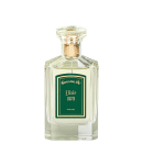 A imagem mostra o perfume em frasco retangular de vidro transparente com tampa dourada. A embalagem apresenta um rótulo verde com a inscrição "Granado & Elixir 1870 Perfume" em letras beges. O frasco tem linhas retas e cantos angulares.