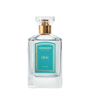 A imagem mostra o perfume em frasco retangular transparente com tampa dourada. A embalagem apresenta rótulo com fundo turquesa e detalhes em dourado, exibindo o nome da marca.