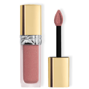 Frasco de vidro transparente com uma tampa dourada e detalhe prateado no encaixe.  O pincel é em formato gota.