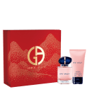 Conjunto de perfume feminino My Way da marca Giorgio Armani. Inclui um frasco de vidro transparente com líquido rosa pálido e um frasco menor com gel de banho corporal rosa.