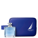 Perfume Nautica Voyage em frasco retangular transparente com líquido azul claro. Nécessaire azul marinho brilhante com o logotipo e nome "Nautica Fragrances" em branco.