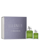 Inclui um frasco maior de eau de parfum e um frasco menor, ambos de vidro transparente com líquido verde. Ambos têm tampas metálicas prateadas. A embalagem é uma caixa retangular acinzentada, com o nome "Eternity for Men" e o logotipo Calvin Klein.