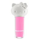 Maquiagem em formato cilíndrico com a cabeça da personagem Hello Kitty como tampa. A parte superior é branca com detalhes em relevo que representam os olhos, orelhas e laço da Hello Kitty. É possível ver a cor do produto pelo corpo transparente.