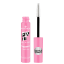 Produto de maquiagem para sobrancelhas da marca Essence. Um frasco transparente rosa com o rótulo "Fix It Like a Pro Transparent Brow Fixing Gel" contendo gel fixador transparente para sobrancelhas.