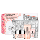 A imagem mostra um kit com 3 produtos de cuidados faciais, além de um nécessaire prata.