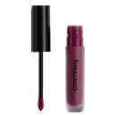 A imagem mostra uma embalagem de batom líquido aberta, com a logo da marca escrito em preto e o pincel ao lado do produto.