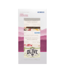 Trio de sabonetes em barra da marca Korres. Embalagem retangular com fundo preto e detalhes em rosa e branco. Contém três sabonetes cremosos de 90g cada, com fragrâncias de jasmim, gardênia grega e flor de oliveira.