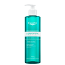 Frasco de gel de limpeza facial Eucerin Dermopure Clinical, com bomba doseadora, em tom verde-azulado, com rótulo branco e texto legível sobre pele mista e acneica.
