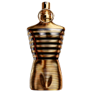 O frasco possui um design distintivo, com uma forma cilíndrica e listras douradas e pretas que se enrolam em torno do corpo. O topo do frasco é arredondado e dourado, com um pequeno bico pulverizador.