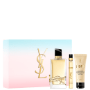 Perfume 90ml, travel size 10ml e loção corporal 50ml. Ao lado, a caixa da embalagem.