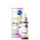 Caixa branca e azul da linha Luminous Skin Glow da NIVEA, contendo um frasco de vidro com um sérum para pele iluminada e uniforme, com ingredientes como Thiamidol e Aloe Vera.