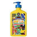Frasco amarelo com bomba azul e rótulo colorido da marca Lola From Rio, contendo "Bossa Grespos & Cachos", uma gelatina modeladora para cabelos cacheados e ondulados.
