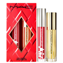 Caixa vermelha com design geométrico contendo dois produtos da marca M·A·C: um batom Lipglass Air+ e um batom Lipglass Blow, ambos em embalagens douradas e brancas.