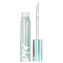 Frasco de vidro transparente com tampa branca contendo um produto de lábios da marca M·A·C, com rótulo em letras brancas e detalhes em tons de azul e verde.