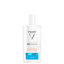Frasco branco da linha Capital Soleil UV-Aqua da Vichy, com proteção solar FPS 60 e indicação de hidratante, aqua fluido e toque seco, sem cor.