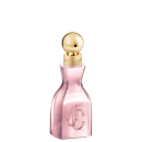 Frasco de perfume rosa da marca Jimmy Choo, com tampa dourada em formato esférico. O rótulo exibe o logotipo da marca em dourado.