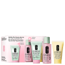 Caixa de kit de rotina de pele saudável para pele mista/oleosa. Contém frascos de limpador, esfoliante, loção clarificante e gel hidratante da marca Clinique. Embalagem em tons de rosa e verde, com rótulos e logotipos da marca.