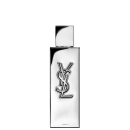 Frasco de perfume de design minimalista prateado, com o logotipo da marca Yves Saint Laurent em destaque. A embalagem possui uma forma geométrica simples e elegante, com uma tampa destacada no topo.