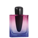 Frasco de item de perfumaria com formato cônico em vidro transparente com gradiente de cor rosa a azul. Rótulo preto com nome da marca "Shiseido" na parte inferior.