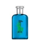 Frasco de perfume Big Pony 1 azul com logotipo verde da marca Ralph Lauren em destaque. Embalagem de vidro com tampa prateada, apresentando design elegante e minimalista.