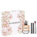 Caixa branca com flores rosa e douradas, contendo um frasco de perfume Givenchy L'Interdit e um batom da mesma marca, em embalagem prateada.
