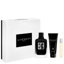 Conjunto de produtos de beleza da marca Givenchy, incluindo um frasco de perfume preto com logotipo, um tubo de gel de banho e um pequeno frasco de perfume, todos embalados em uma caixa branca com o nome da marca.