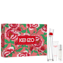 Caixa com flores vermelhas, rosas e verdes, contendo um conjunto de produtos da marca Kenzo, incluindo um frasco de perfume, um tubo de creme e uma embalagem menor.