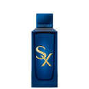 Frasco de item de perfumaria azul escuro com logotipo dourado "SX" em destaque. Embalagem retangular com texto "BANDERAS" na parte superior. Objeto com design elegante e sofisticado em tons predominantemente azuis.