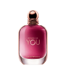 Perfume Power of You Armani Eau de Parfum exibe o texto "POWER OF YOU" em letras douradas sobre conteúdo rosa vibrante. O design é elegante e minimalista, com uma aparência sofisticada.