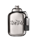 Frasco de perfume prateado com design gravado de carruagem antiga. Embalagem elegante e minimalista, com tag de identificação preta.