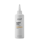 Frasco branco de 200 ml da linha Radiant Gloss da Keune, um produto de brilho iluminador para os cabelos, com extrato de orquídea em sua fórmula.