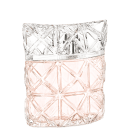 Frasco de perfume de cristal transparente com líquido rosa, com o nome da marca "ISSEY MIYAKE" impresso na base. O frasco possui um design geométrico e facetado, criando um efeito visual interessante.