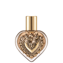 Frasco de perfume em formato de coração dourado com detalhes florais e decorativos, embalagem elegante e luxuosa.