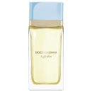 Frasco de perfume Dolce & Gabbana Light Blue, com embalagem azul clara e detalhes dourados, contendo um líquido amarelado.