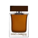 Frasco de perfume Dolce & Gabbana The One, com design retangular em vidro transparente e tampa marrom. O rótulo exibe o nome da marca em letras douradas.