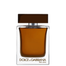 Frasco de perfume Dolce & Gabbana The One, com design retangular em vidro transparente e tampa marrom. O rótulo exibe o nome da marca em letras douradas.