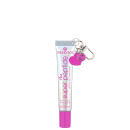 Embalagem do gloss prateada furta-cor e rosa. Contém texto "the super peptide" e logotipo da marca. Possui um pingente em forma de coração rosa preso ao tubo.