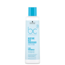 Frasco branco e azul da linha Bonacure Moisture Kick da Schwarzkopf Professional, contendo condicionador de 200ml. Rótulo com nome do produto, marca e informações sobre o uso em cabelos normais a secos e ondulados.