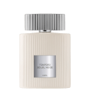 Frasco de perfume Tom Ford Soleil Neige, com embalagem branca e prata, apresentando um design de linhas verticais e rótulo com o nome da fragrância em letras prateadas.