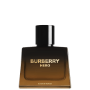 Frasco  preto e dourado em gradiente com rótulo em letras douradas exibindo o texto "BURBERRY HERO".