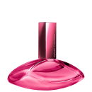 Um item de perfumaria em formato de frasco com tampa, em tons de rosa brilhante. O frasco possui uma forma arredondada e elegante, com um rótulo destacado na parte frontal exibindo o nome da marca em letras brancas.