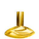 Frasco de item de perfumaria dourado com tampa retangular, contendo texto "euphoria Calvin Klein" em letras douradas. O frasco possui formato arredondado e brilhante, com superfície lisa e curvas suaves.