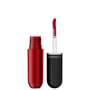 Lip tint da marca M·A·C: um frasco de vidro e um aplicador de batom preto com a marca impressa. O frasco contém um produto líquido.